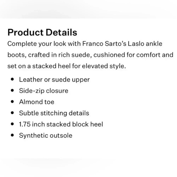 Franco Sarto | Laslo Soft Nubuck Suede Ankle Boots Side Zips Stacked‎ Hee… - Picture 7 of 7